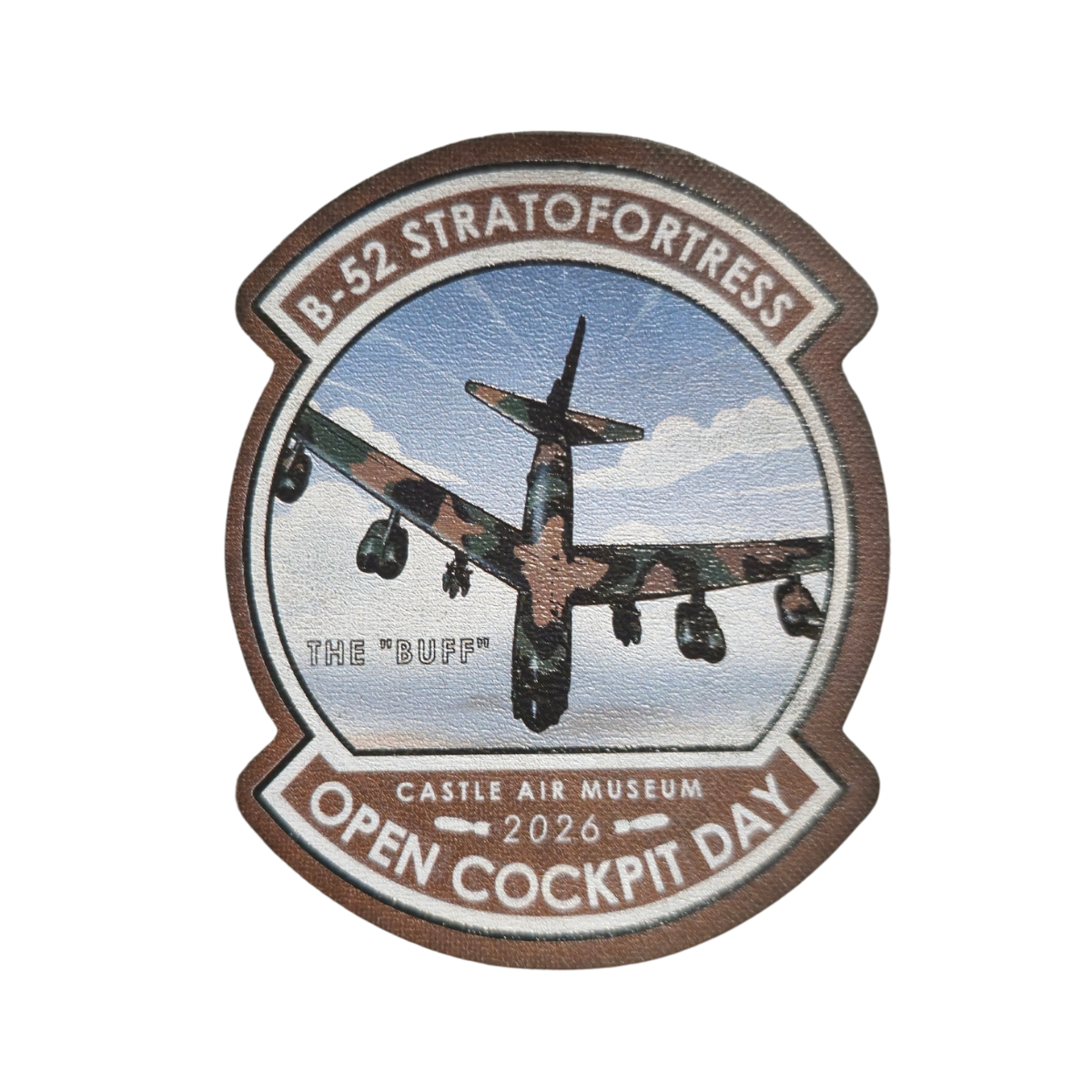Leather patch with B-52 Stratofortress airplane design for Castle Air Museum Open Cockpit Day 2026.
