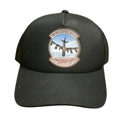 Black trucker cap with a B-52 Stratofortress leather patch on a white background