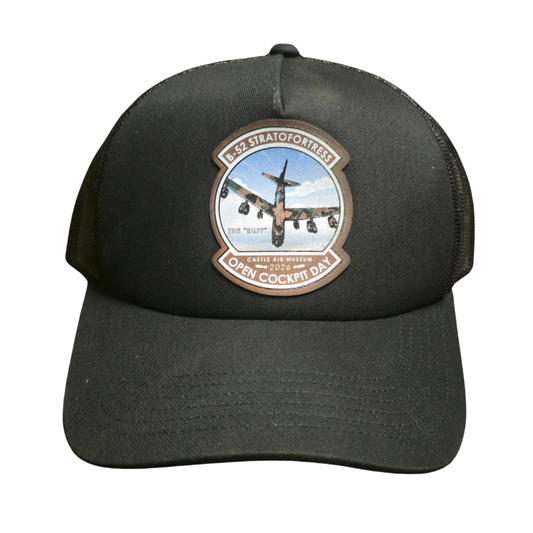 Black trucker cap with a B-52 Stratofortress leather patch on a white background